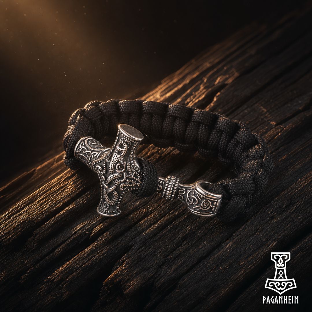 A black paracord bracelet with an ornate silver-toned hammer-shaped clasp, displayed on a dark wooden surface with dramatic warm lighting.