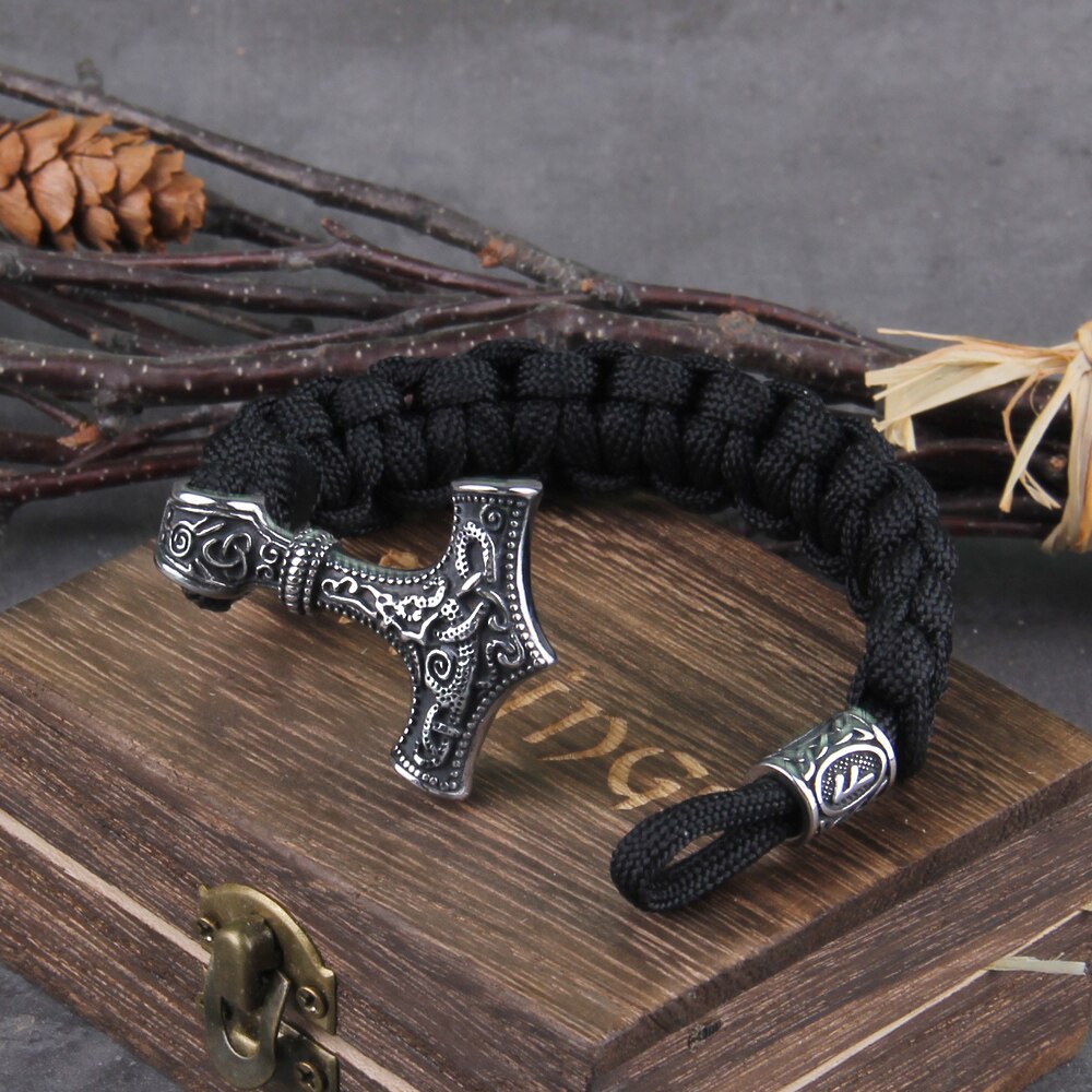 Ansuz Mjölnir Bracelet - Handcrafted Thor's Hammer Paracord Wristband 0 The Pagan Trader Silver 19cm 