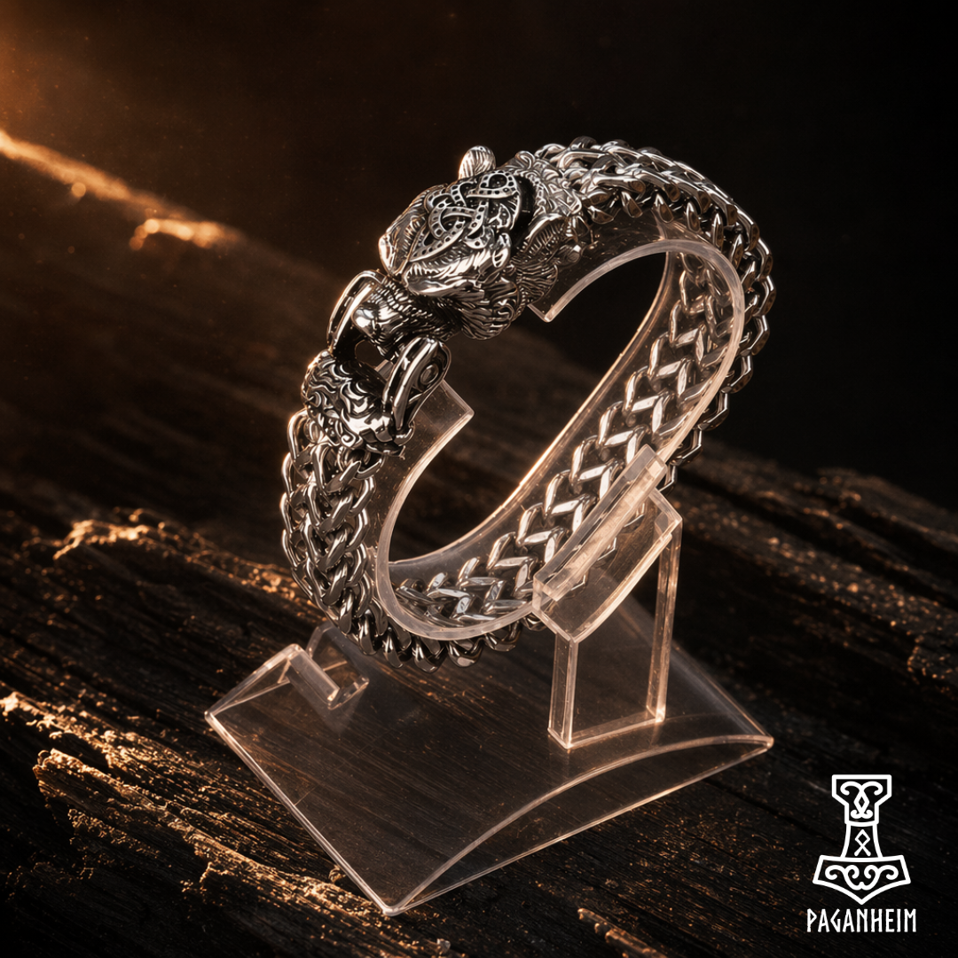 Engraved bear motif attached to a thick curb chain bracelet