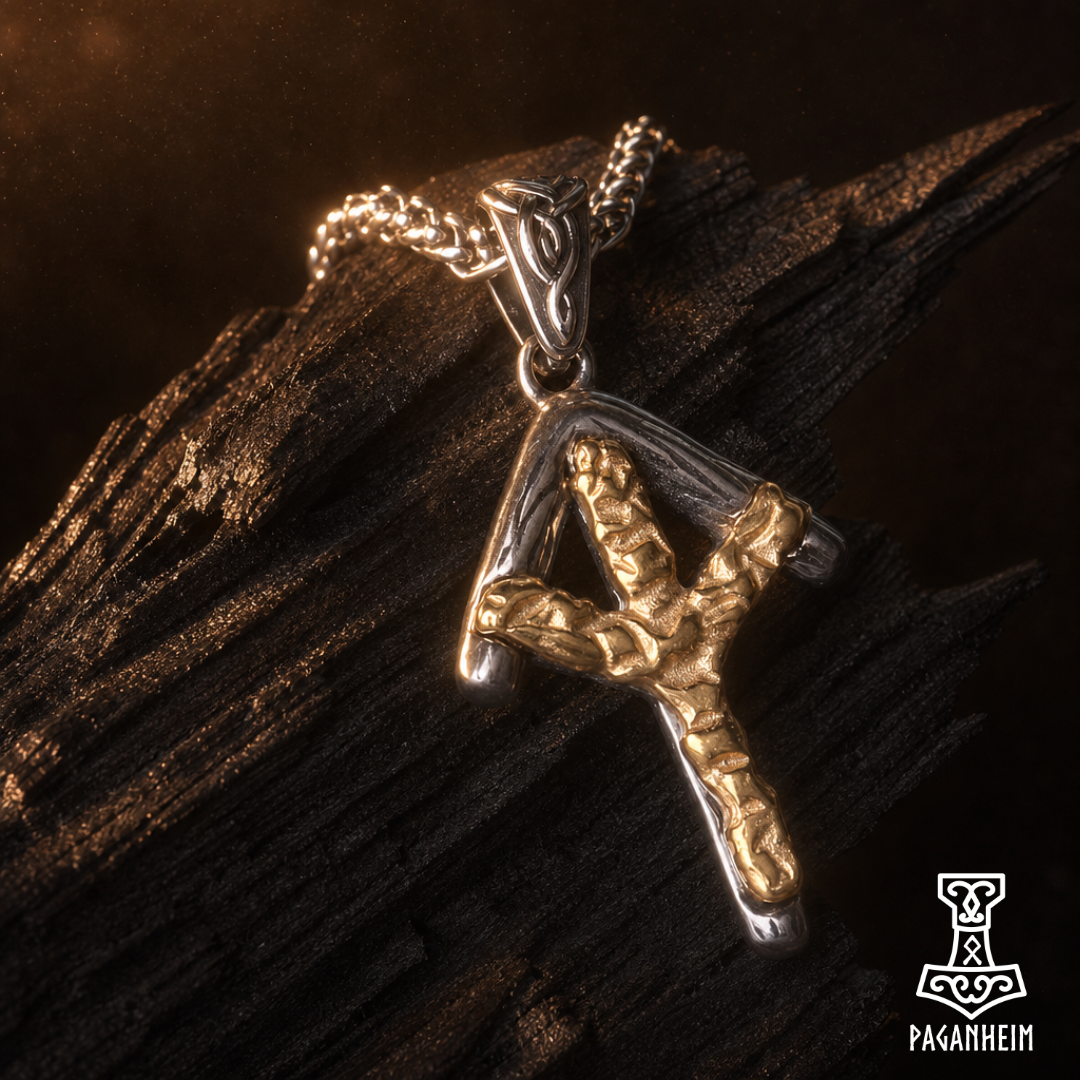 Dual‑tone pendant combining Algiz and Tiwaz runes symbolising protection and victory