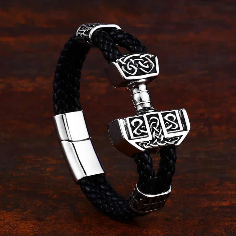 Black leather Mjölnir bracelet front view