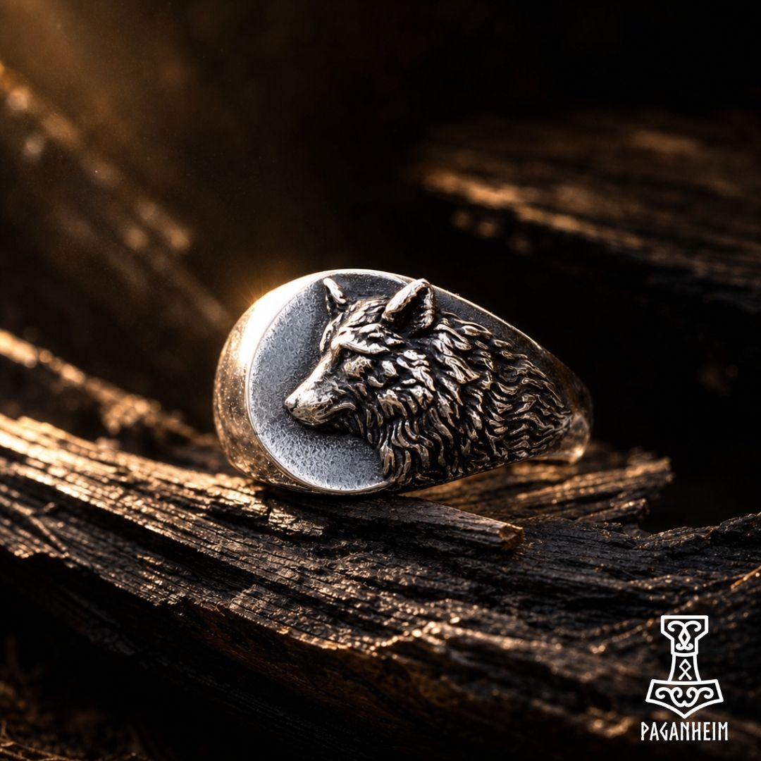 Ring featuring left‑facing wolf head symbolising Fenrir’s binding