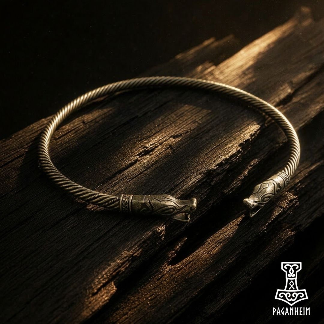 A silver-toned twisted cable bracelet with ornate Norse-style clasp details, displayed on a dark textured wooden surface with dramatic lighting. The brand name 'Paganheim' is visible in the bottom right corner.