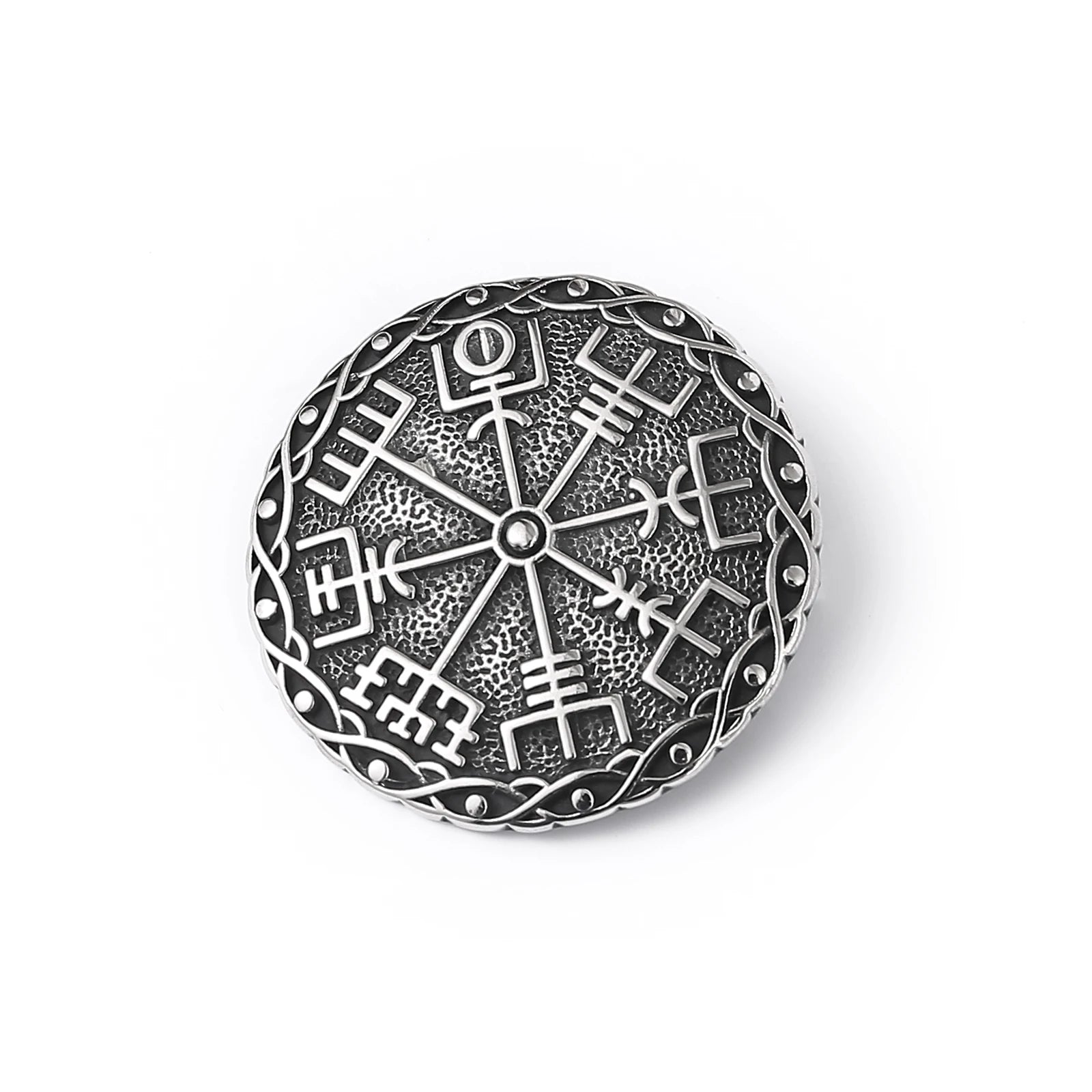 Protective Vegvísir brooch with Icelandic stave design.