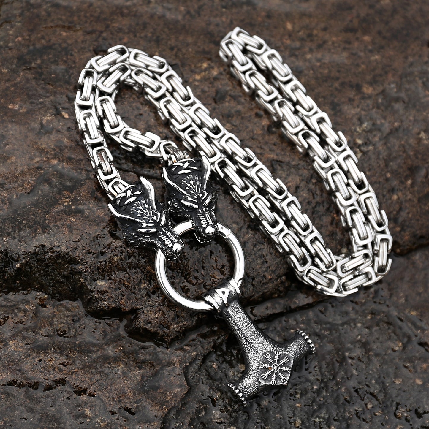 Thurisaz Ægishjálmr Mjölnir - Byzantine & Wheat Chain Linked Viking Amulet 0 The Pagan Trader Byzantine Chain & Wolf Clasps  