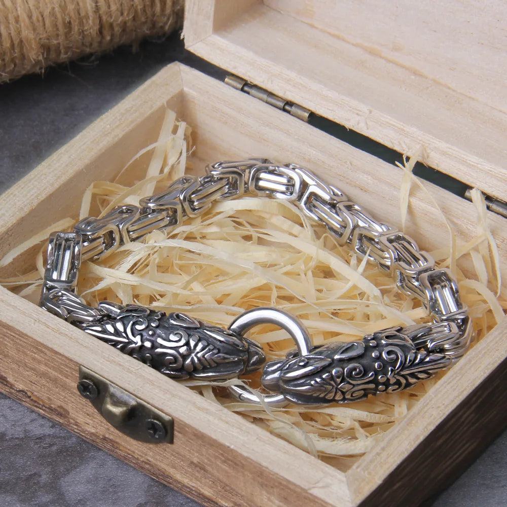 Dual Serpent Head Byzantine King Chain Viking Bracelet 0 The Pagan Trader Full Silver 19cm 