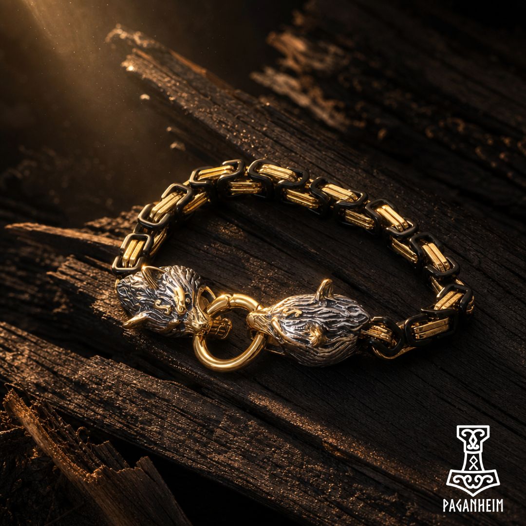 Norse‑inspired bracelet featuring twin wolf heads and split ring clasp