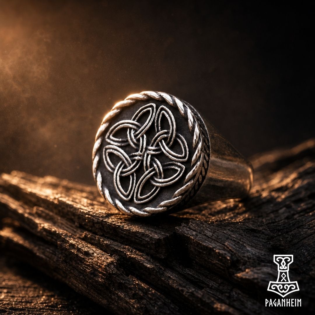 Closeup of Celtic knot ring showing detailed engraving and polished finish