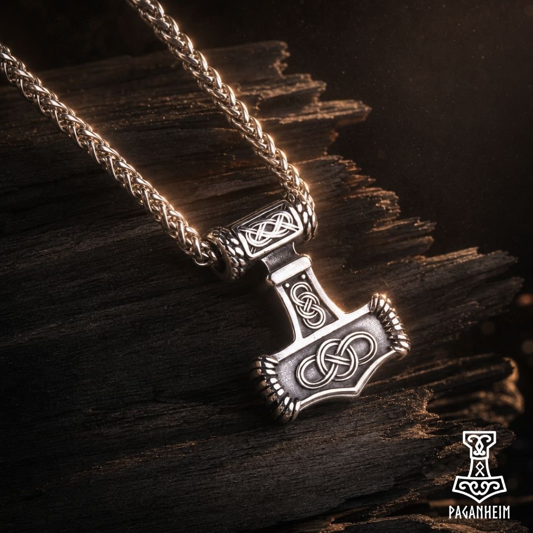 A silver-toned Norse Mjolnir lightning bolt pendant necklace with Celtic knot details, resting on a dark textured wooden surface. The brand logo 'Paganheim' is visible in the bottom right corner.