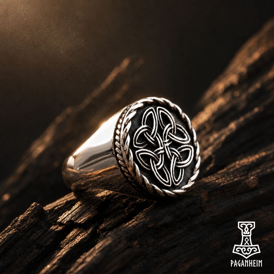 Stainless steel ring featuring engraved Celtic knot symbolising eternity and interconnectedness.