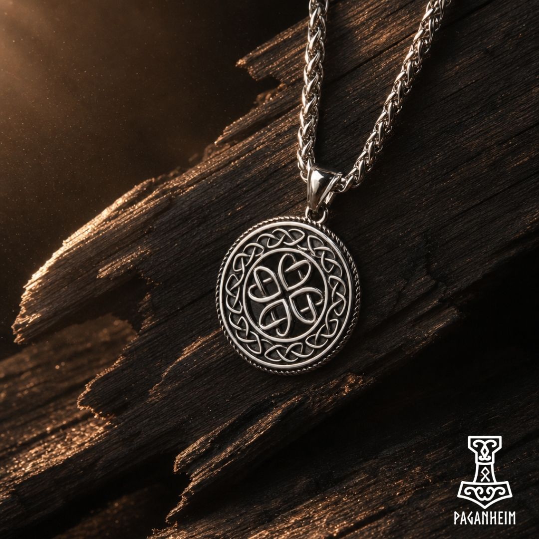 Celtic knot pendant with circular frame resting on dark wood