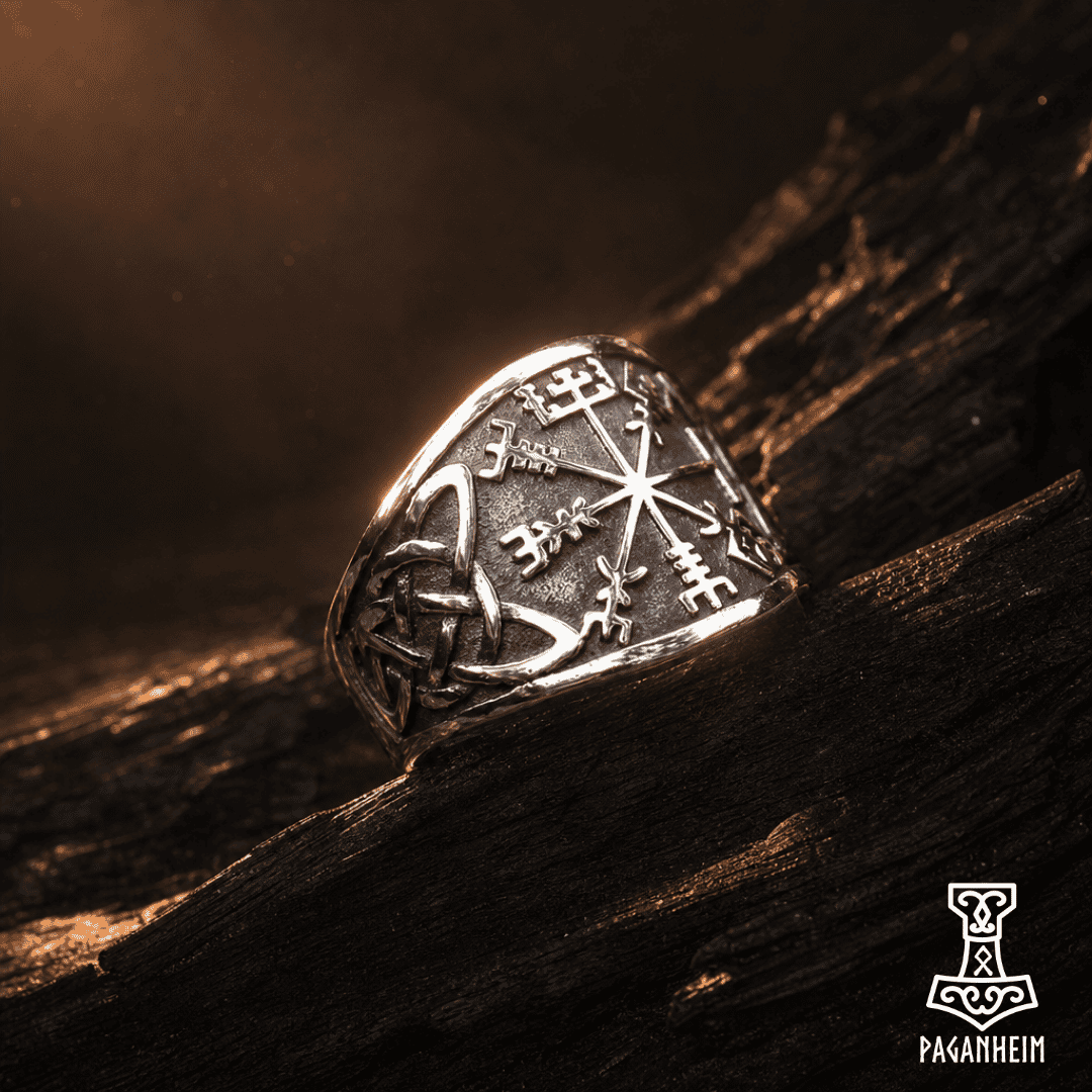 Closeup of Vegvísir ring showing engraved compass and Celtic patterns