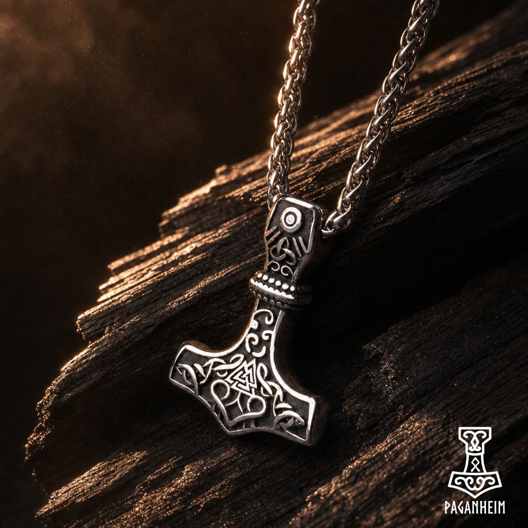 Norse Mjölnir necklace resting on wooden surface under warm light
