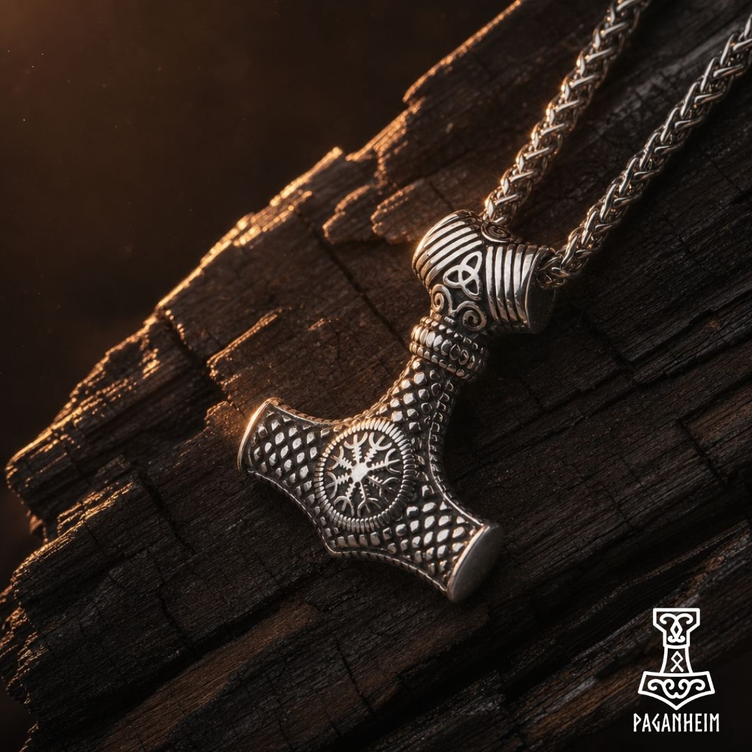 Pendant shaped like Thor’s hammer with chainmail texture and engraved Helm of Awe symbol