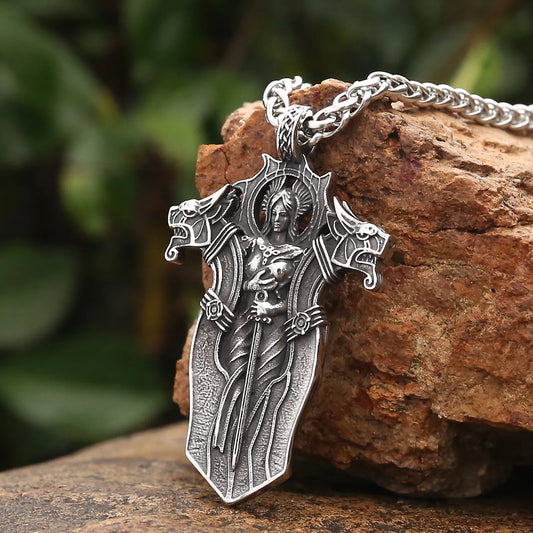 Valkyrie Amulet - Intricately detailed pendant featuring a Valkyrie holding a downward-pointing sword, a tribute to Old Norse mythology and Viking symbolism.
