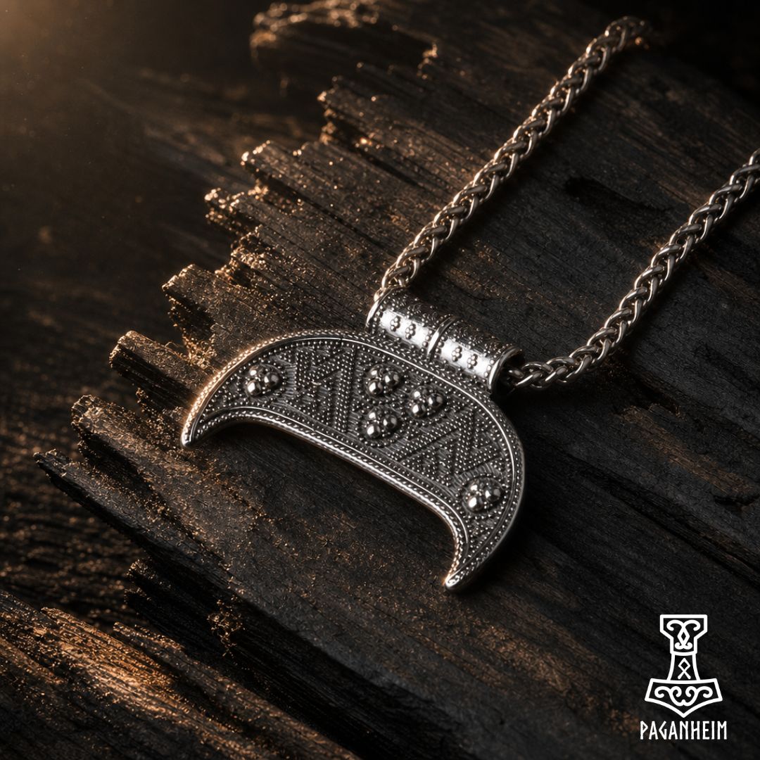 Norse-style crescent pendant resting on wooden background