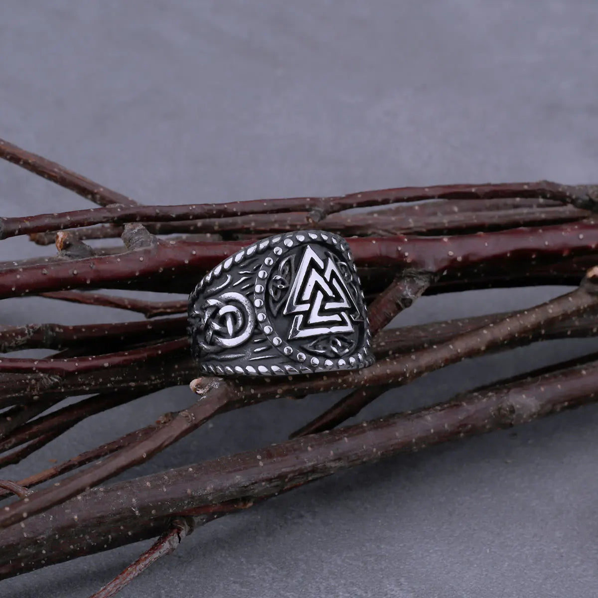 Ancient-style Valknut ring with Web of Wyrd artistry