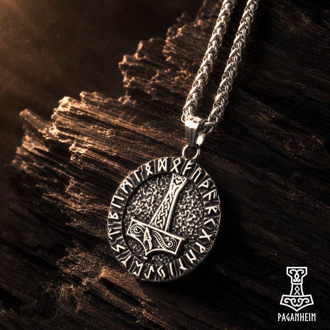 Double‑sided Norse amulet showing Mjölnir and Helm of Awe symbols