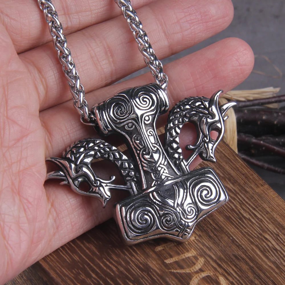 Dreki Mjölnir - Norse Dragon Prowl Thor's Hammer Viking Necklace 0 The Pagan Trader   