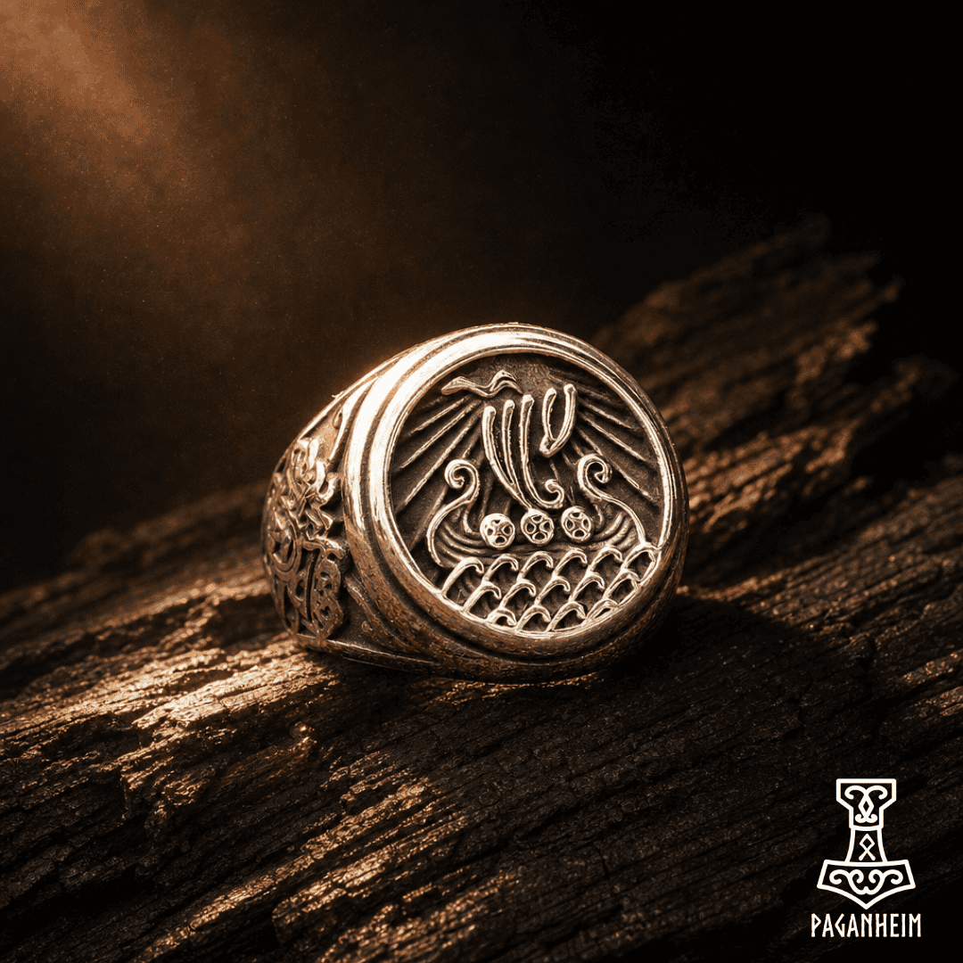 Stainless steel ring featuring Viking longship design