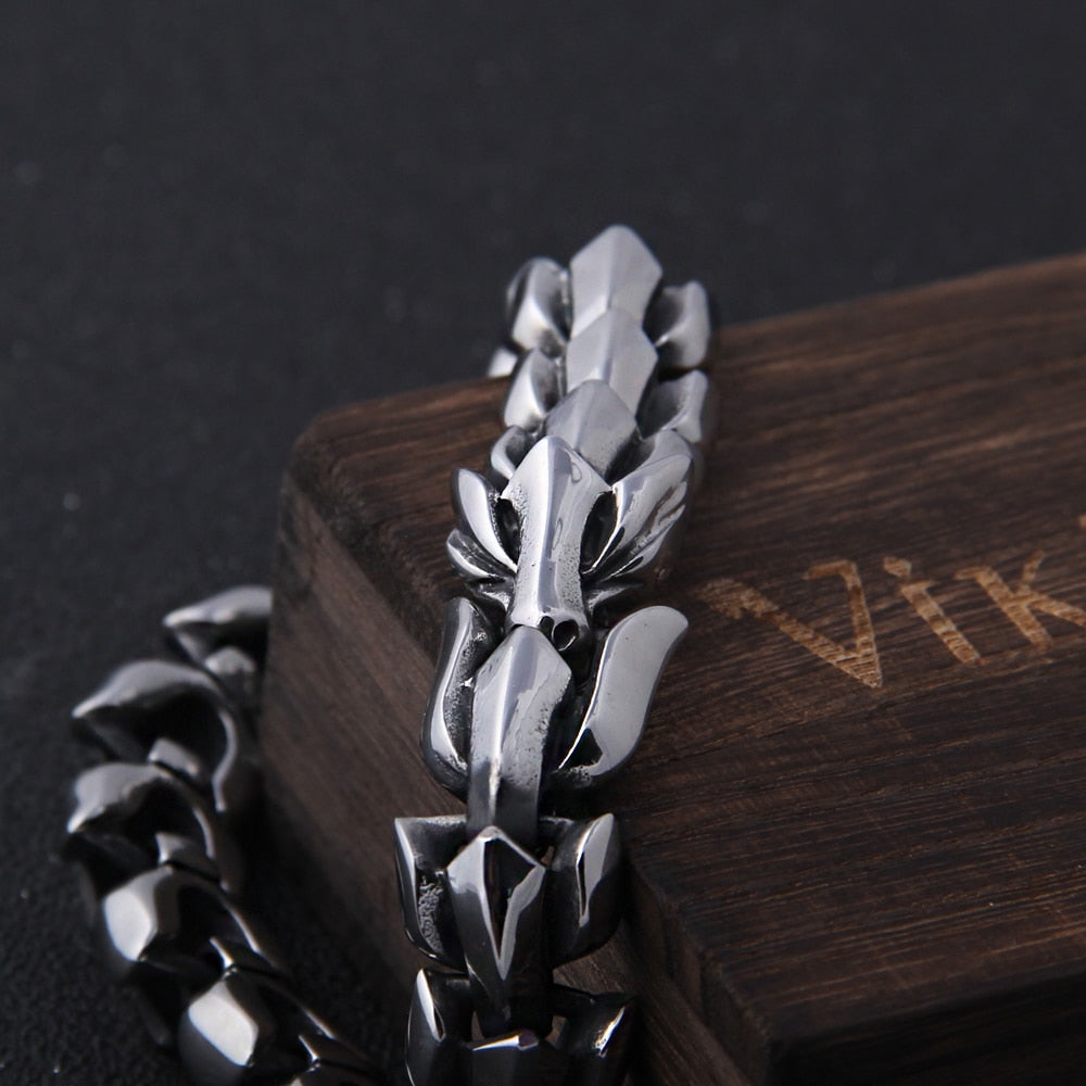 Durable and fade-resistant stainless steel bracelet showcasing intricate detailing inspired by Jörmungandr.
