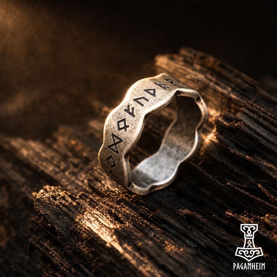 Norse crown ring with engraved Elder Futhark runes and simple, structured design
