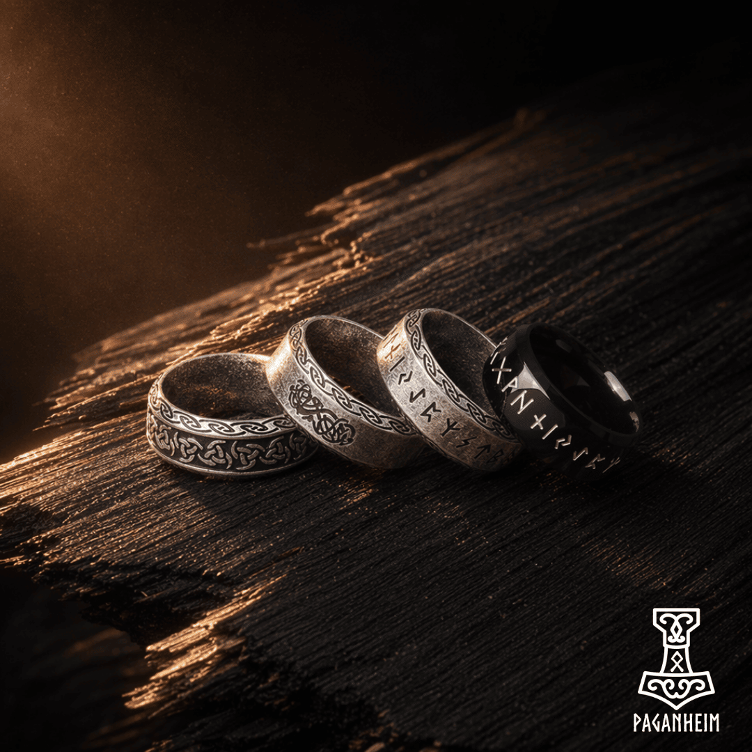 Four silver rings with engraved designs on a dark wooden surface, featuring the brand 'Paganheim'.