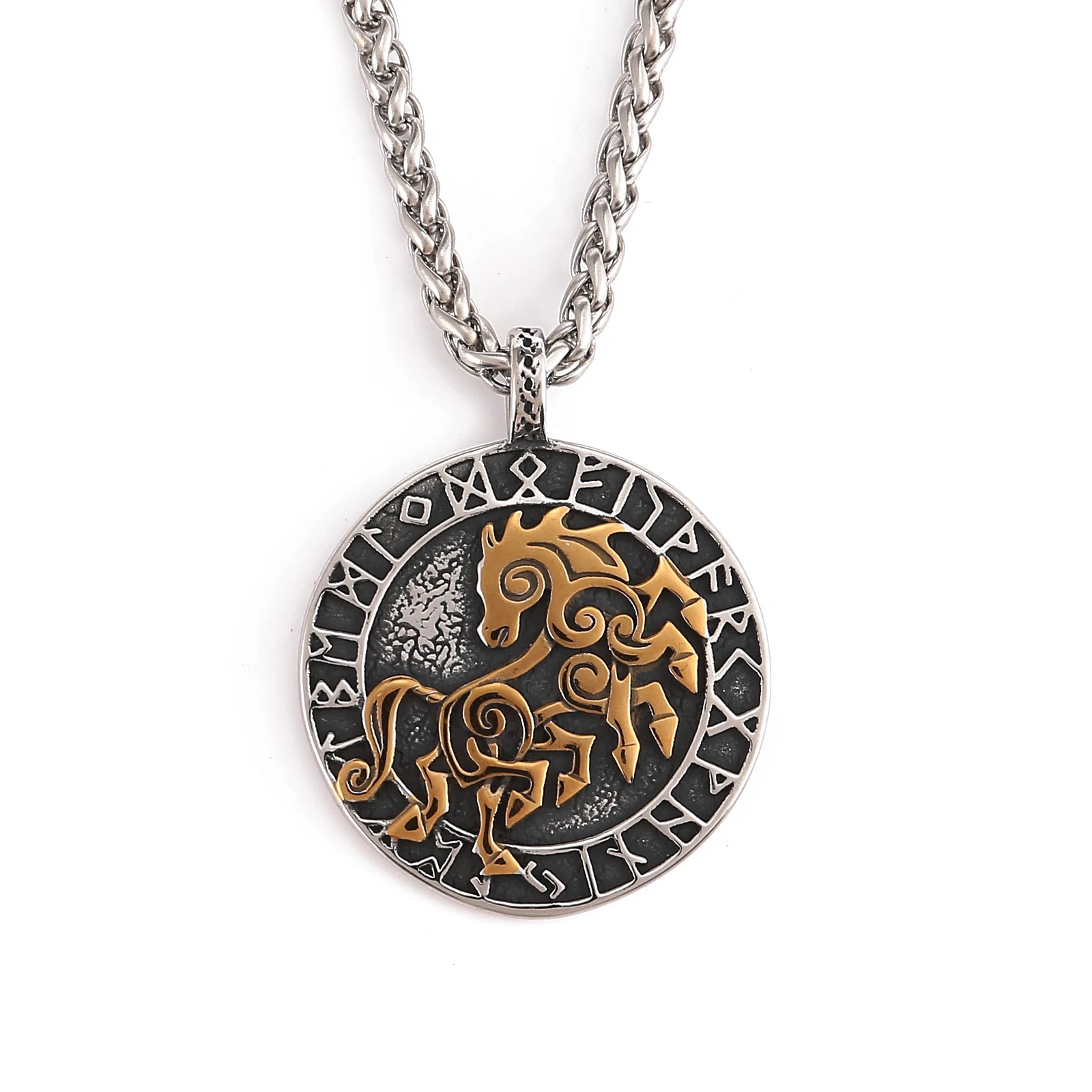 Sleipnir necklace displaying a beautifully crafted pendant with runes, symbolizing strength and adventure.