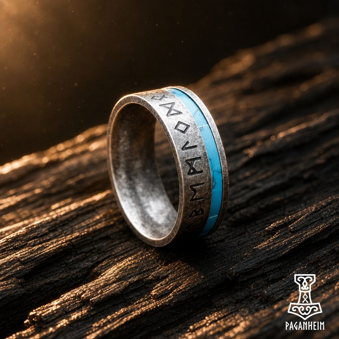 Stainless steel ring with turquoise inlay and engraved Elder Futhark runes