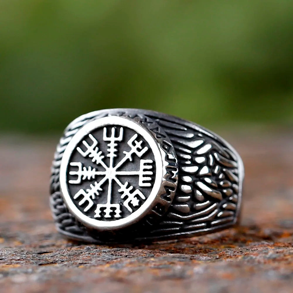 Closeup of Vegvísir ring with detailed Elder Futhark runes