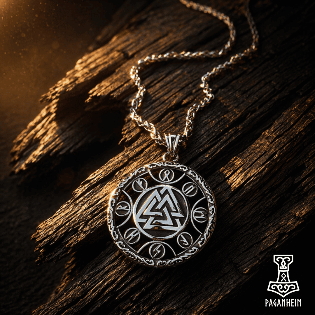 Valknut pendant with Elder Futhark runes resting on wood