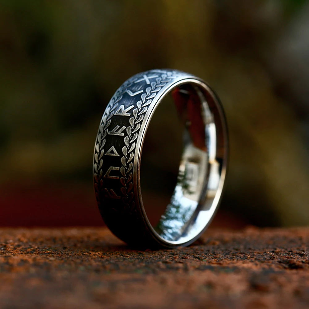 Stainless Steel Vegvísir Hail Odin Norse Elder Futhark Runes Ring