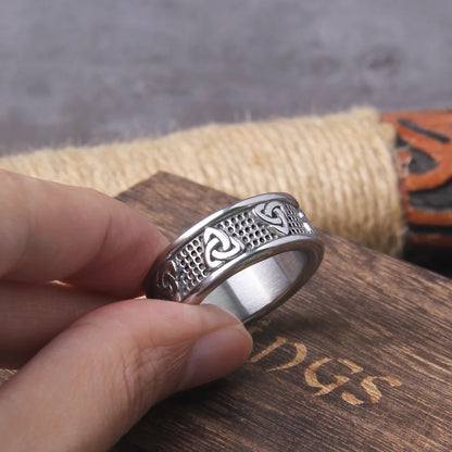 High-quality stainless steel Triquetra ring with detailed Celtic knot engravings, symbolizing ancient wisdom and spirituality.