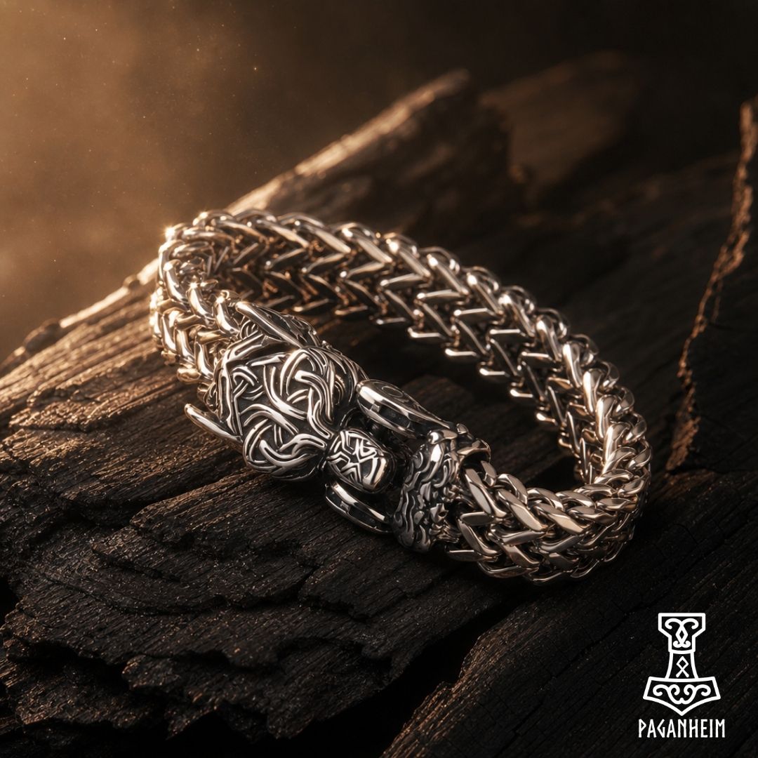 A silver-toned Viking-style braided bracelet with a detailed wolf head clasp, displayed on a dark textured piece of wood with dramatic warm lighting. The brand logo 'Paganheim' is visible in the bottom right corner.