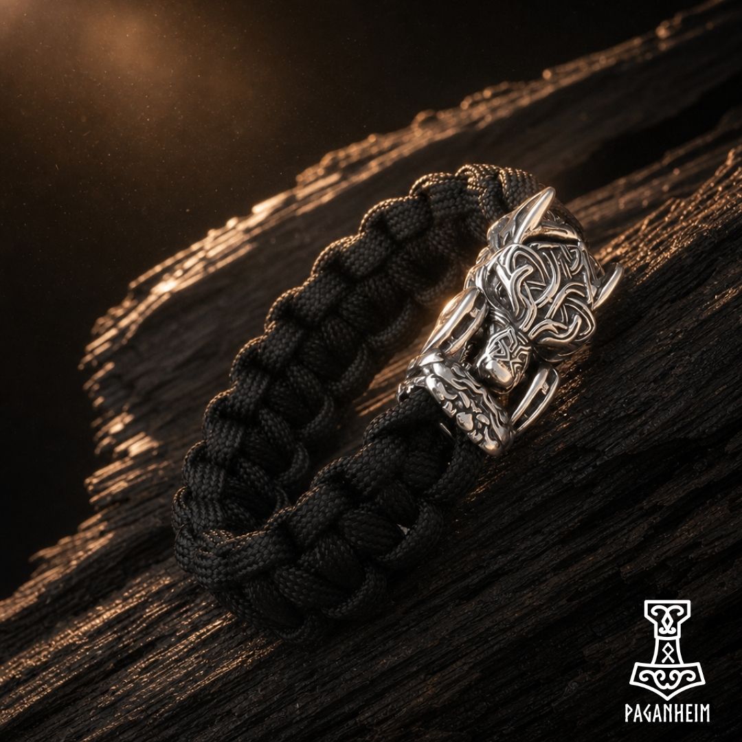Black paracord bracelet featuring stainless steel wolf head clasp