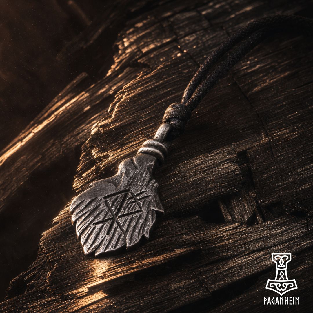 Closeup of Norse wolf pendant showing rune and textured surface