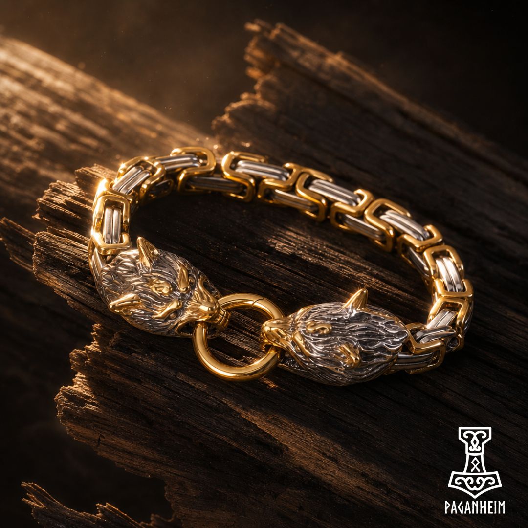 A gold-toned chain bracelet with two detailed wolf head charms and baguette links, displayed on a textured piece of dark wood..