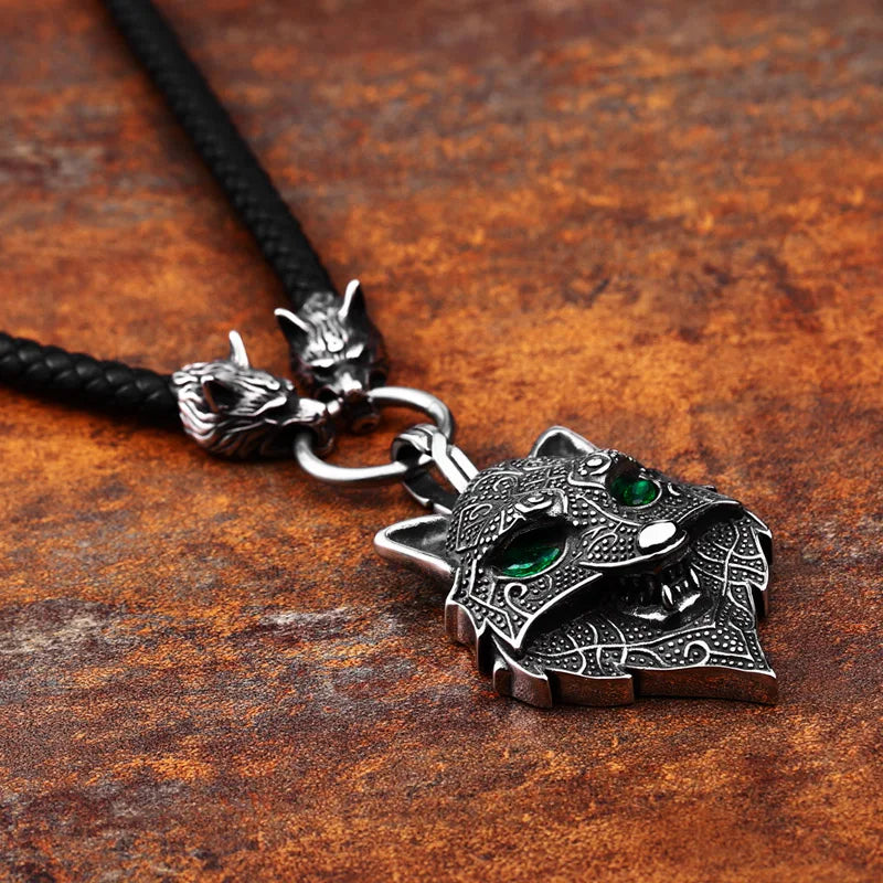 Fenrir's Oath - Green Eyed Wolf Face Leather Viking Necklace  The Pagan Trader   