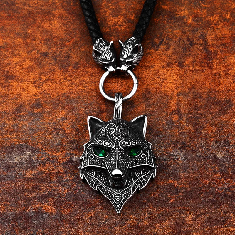 Fenrir's Oath - Green Eyed Wolf Face Leather Viking Necklace  The Pagan Trader   