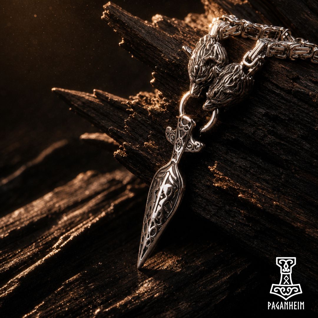 Necklace featuring twin wolf heads clasping a ring with spearhead pendant