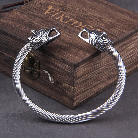 Silver Geri & Freki Oath Ring Bracelet - Norse-inspired wolf heads capture the spirit of Viking loyalty.