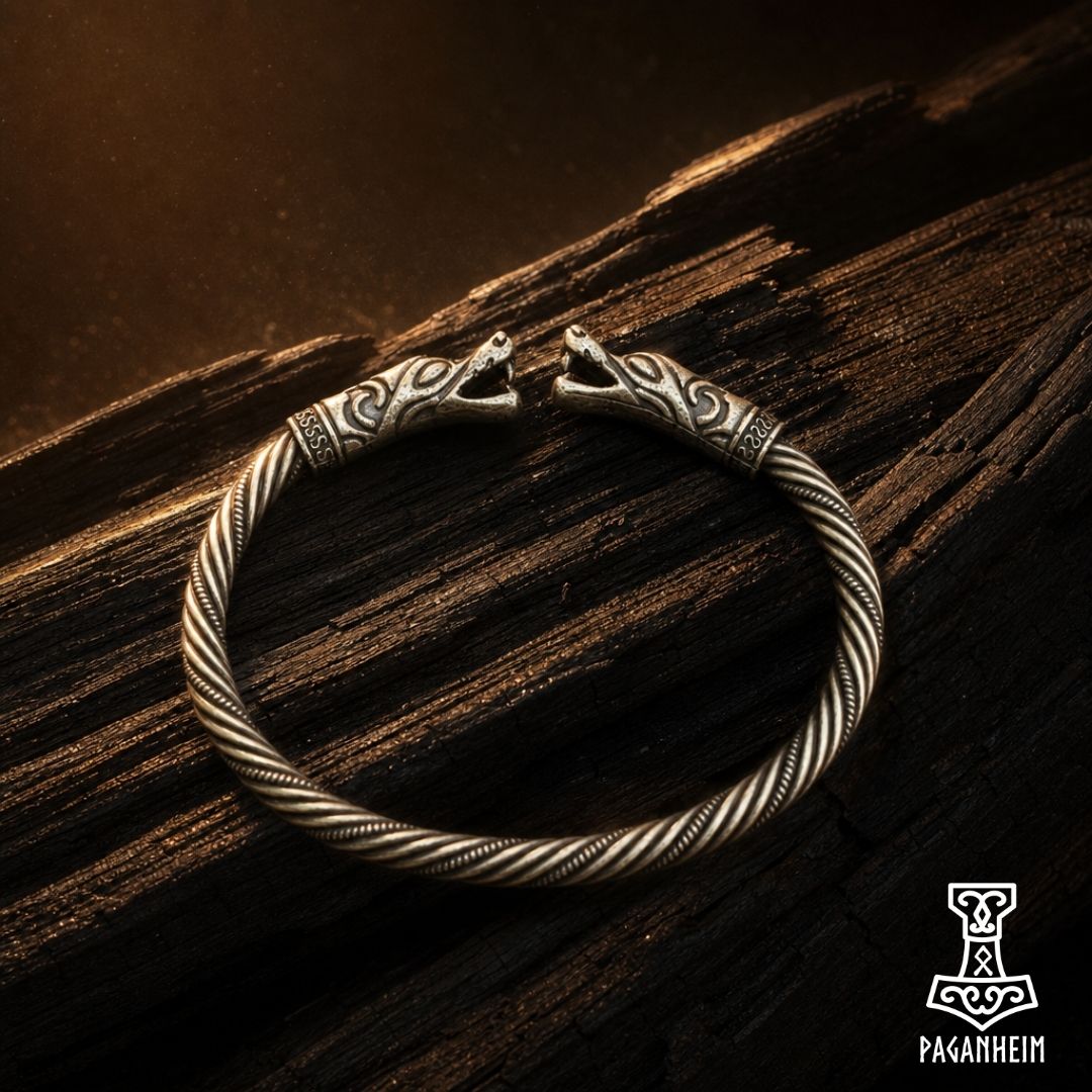 Viking Age inspired arm ring with serpent head terminals and twisted band
