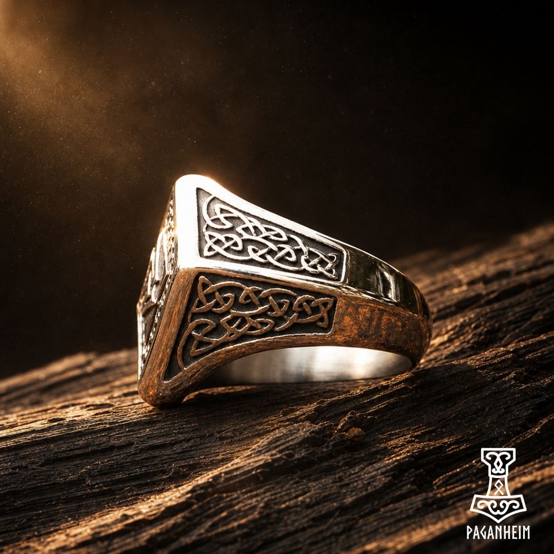 Metal ring with Odin’s knot design inspired by Germanic warrior tradition