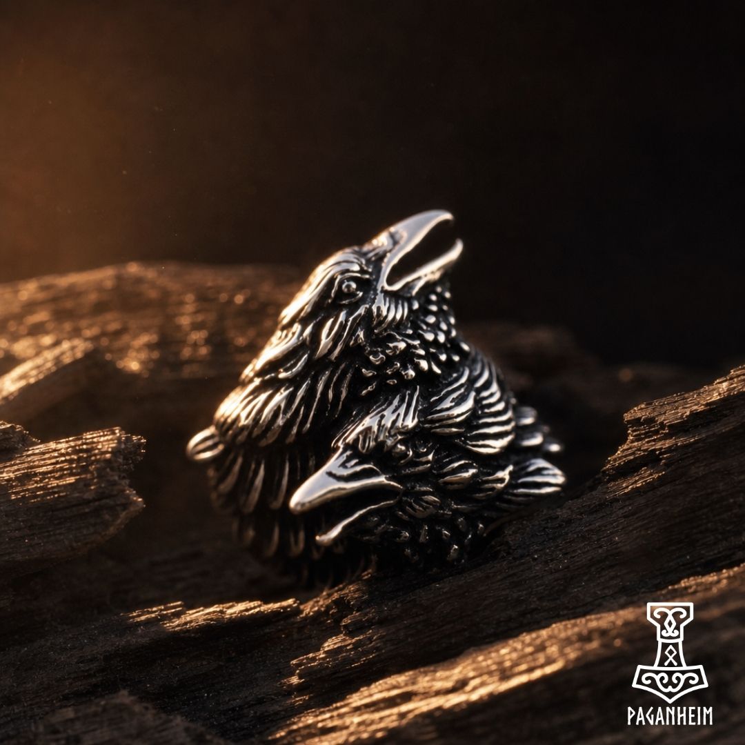 Metal ring with intertwined raven design symbolising thought and memory