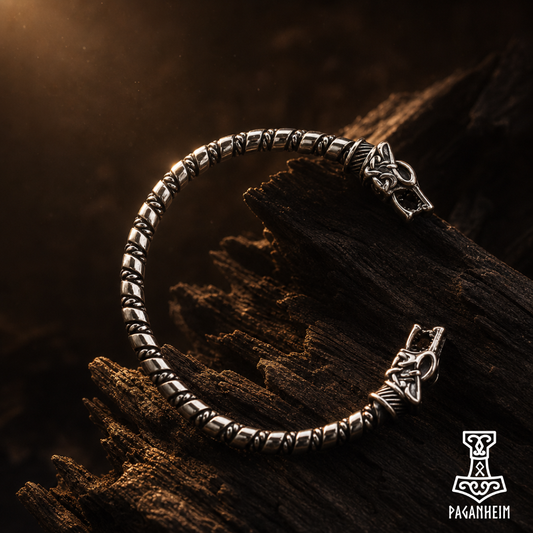 Wolf-headed arm ring inspired by historical Norse jewelry, side angle, wood background with warm lighting.