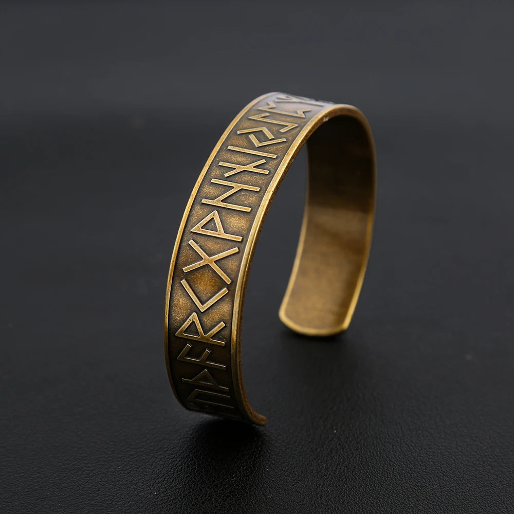 Gold Elder Futhark rune cuff front view