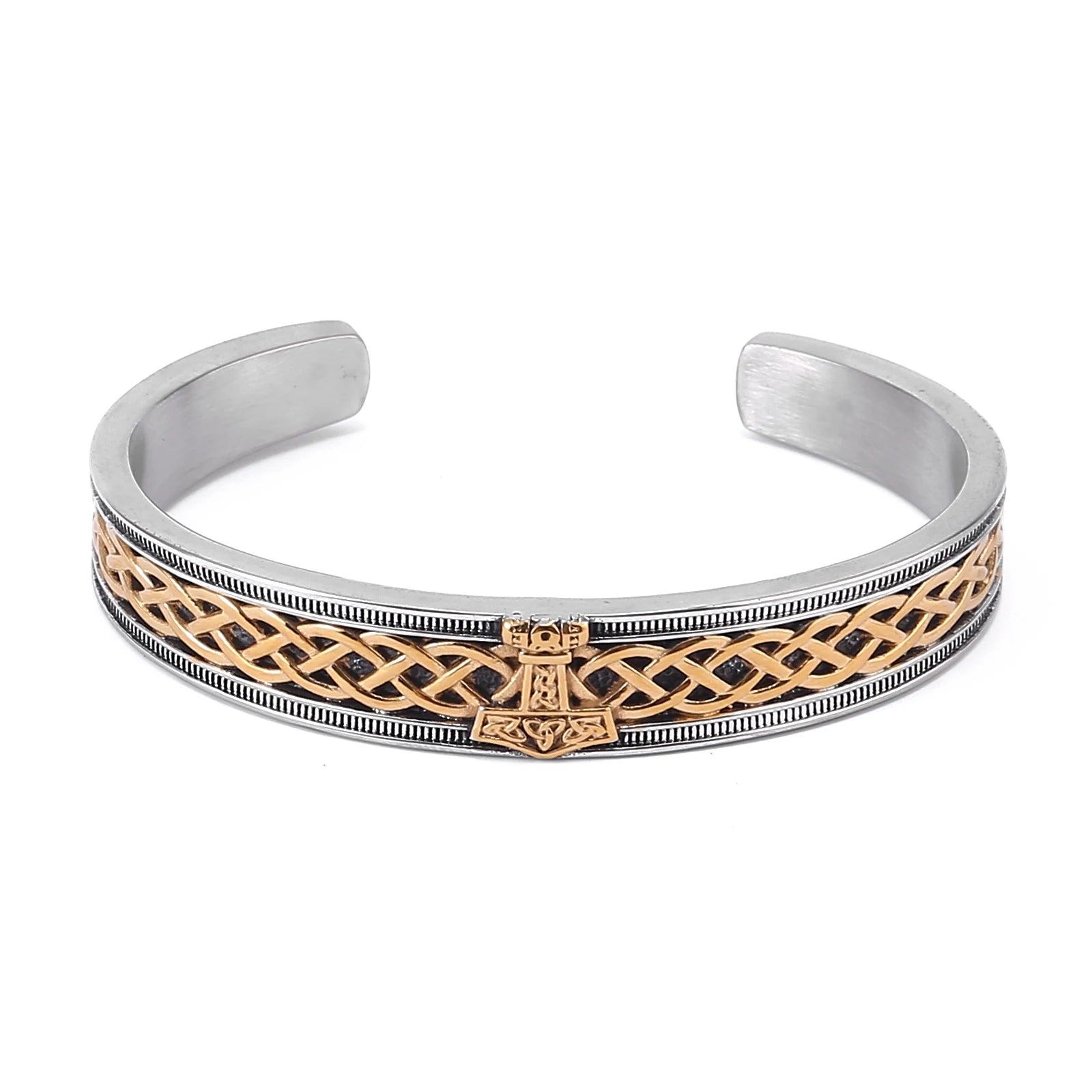 Mjölnir cuff bracelet in gold and silver finishes with Web of Wyrd engraving.