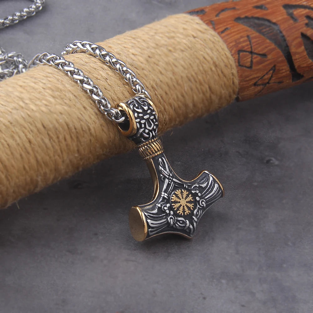 Stainless steel Thor’s hammer amulet with Helm of Awe symbol