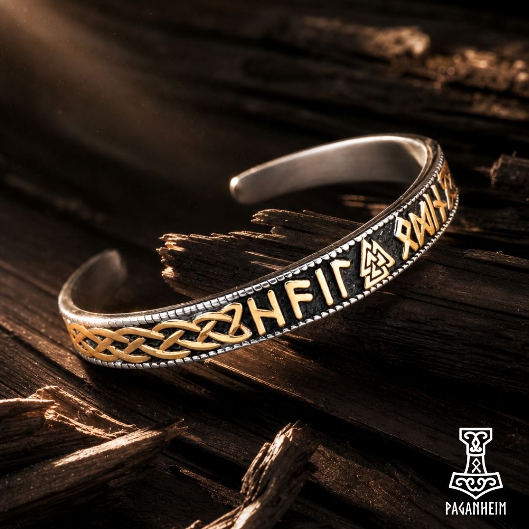 Bangle bracelet embossed with the Valknut and Web of Wyrd, with Elder Futhark runes.