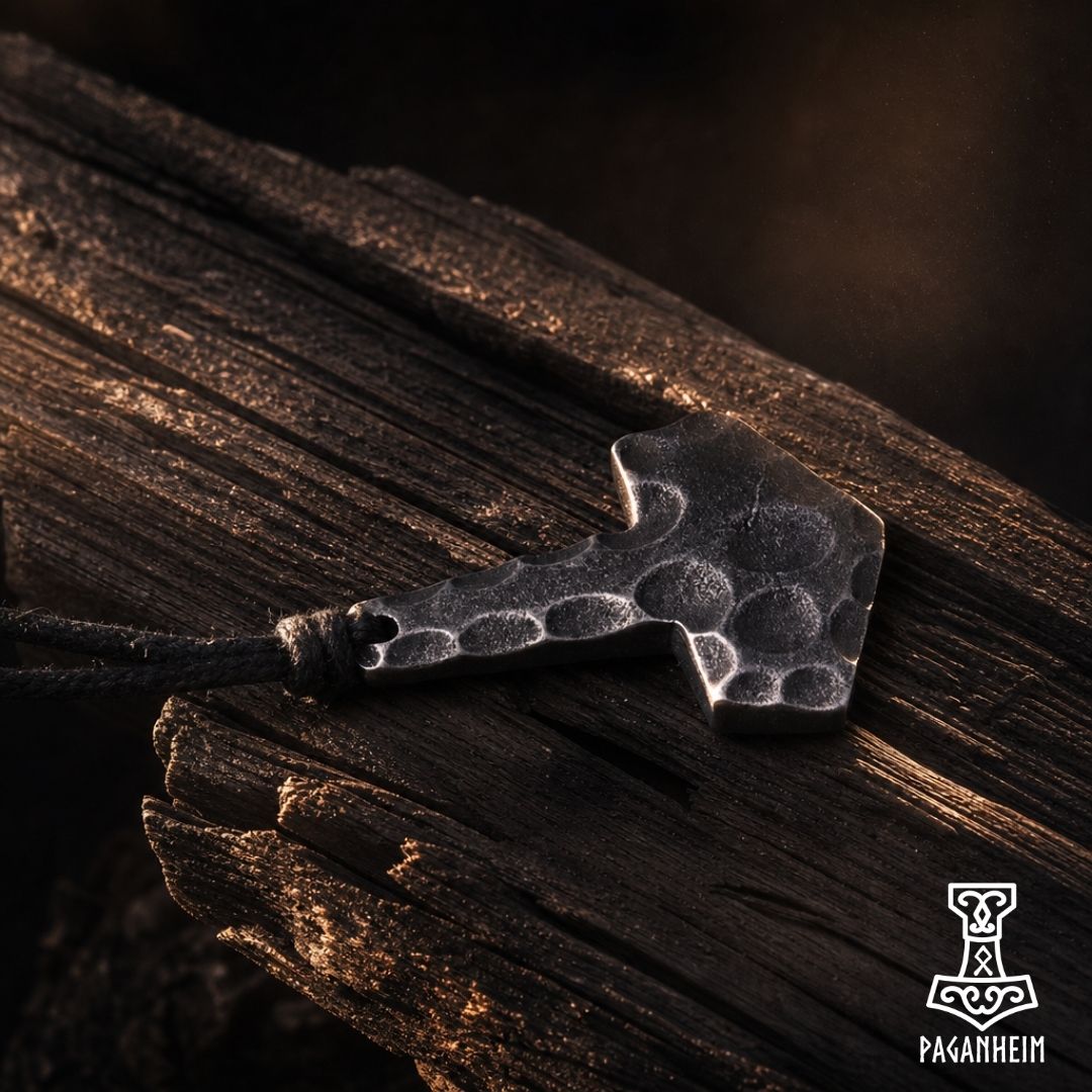 Pendant shaped like Thor’s hammer with hammered texture resting on dark wood
